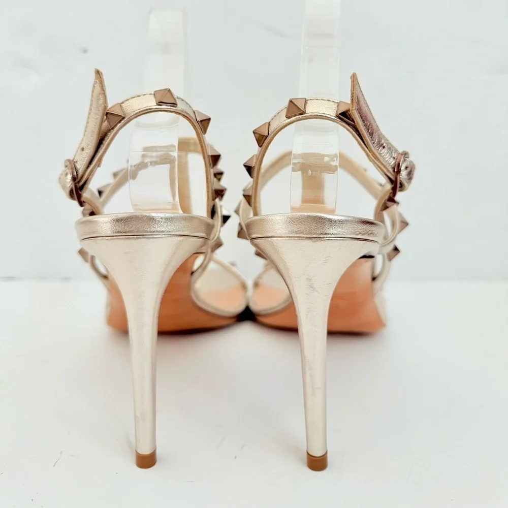 Valentino Garavani Metallic Gold Rockstud Tstrap open toe heels sandals EU 40